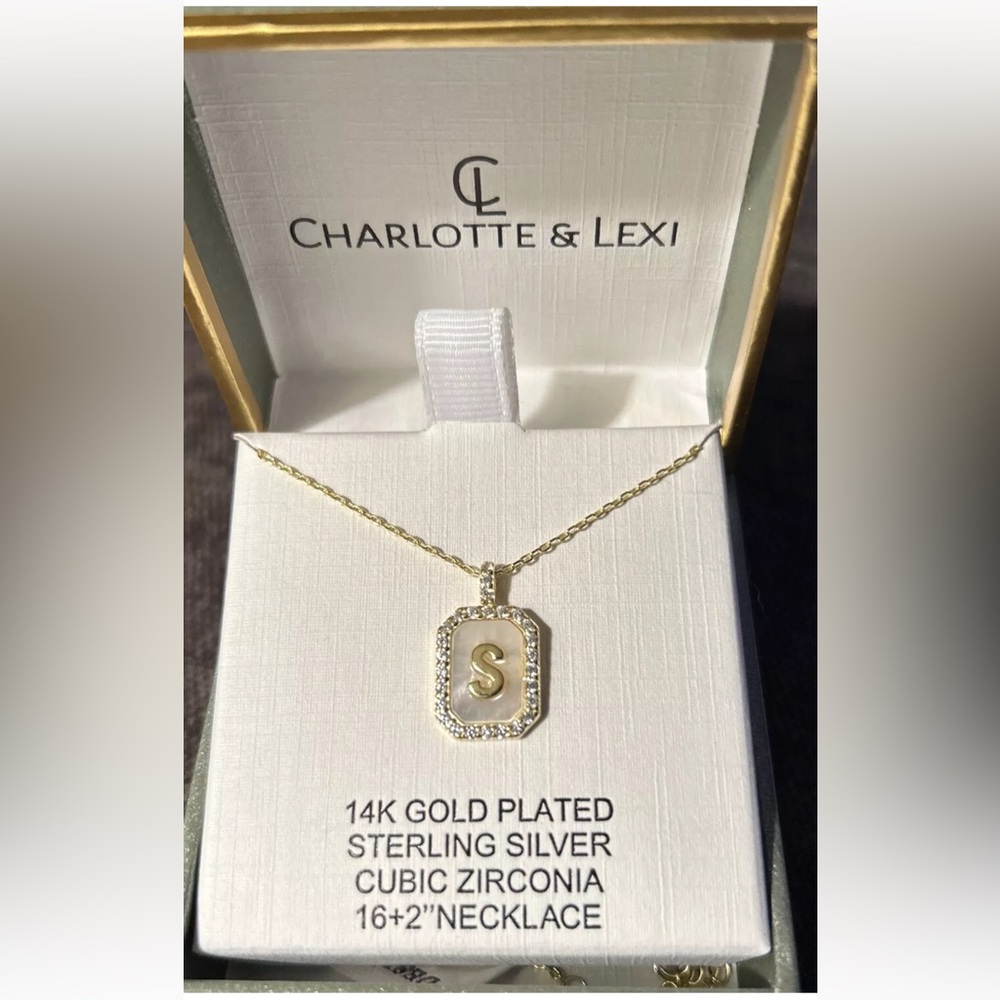 Charlotte & Lexi 14K Gold Plated .925 SS CZ & MOP Necklace Letter “S”~New In Box